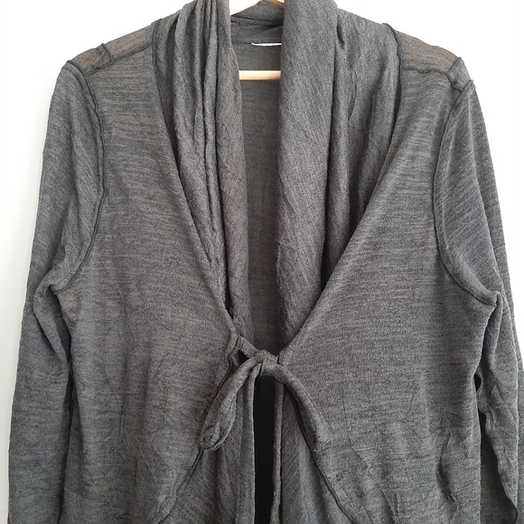 🍒 Open Front w/ Tie Long Fine Knit Cardigan Asymmetric Hem Grey Sz L - Picture 6 of 13